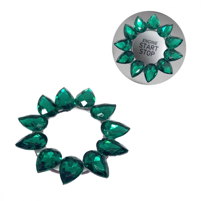 Kristal Damla Taşlı Start Stop Düğme Halkası Yeşil