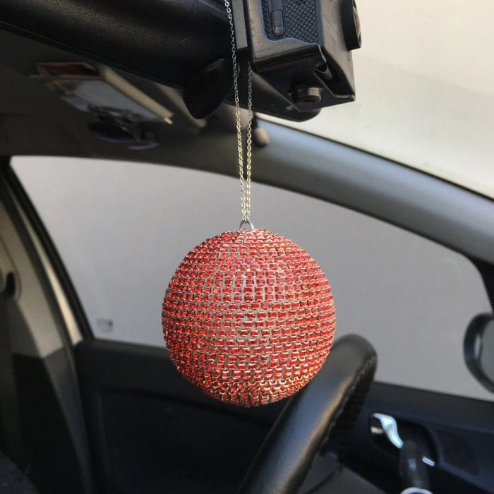 Kristal Taşlı Disko Topu Dikiz Ayna Süsü Büyük 8cm Kırmızı