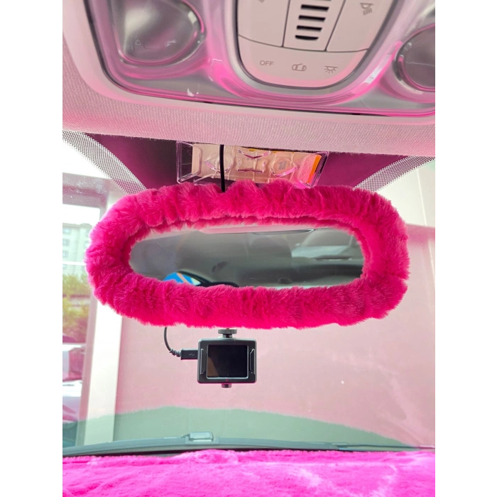 Peluş Dikiz Ayna Kılıfı Süs Fuşya Pembe