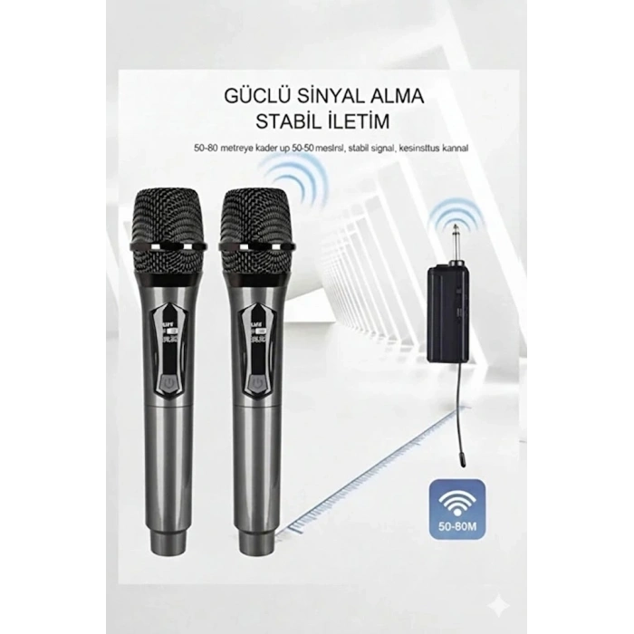 Profesyonel Çiftli Kablosuz Mikrofon Seti Karaoke Şarj Edilebilir 50 Metre