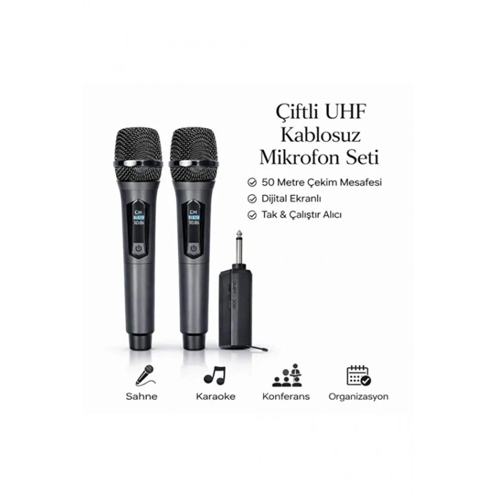 Profesyonel Çiftli Kablosuz Mikrofon Seti Karaoke Şarj Edilebilir 50 Metre