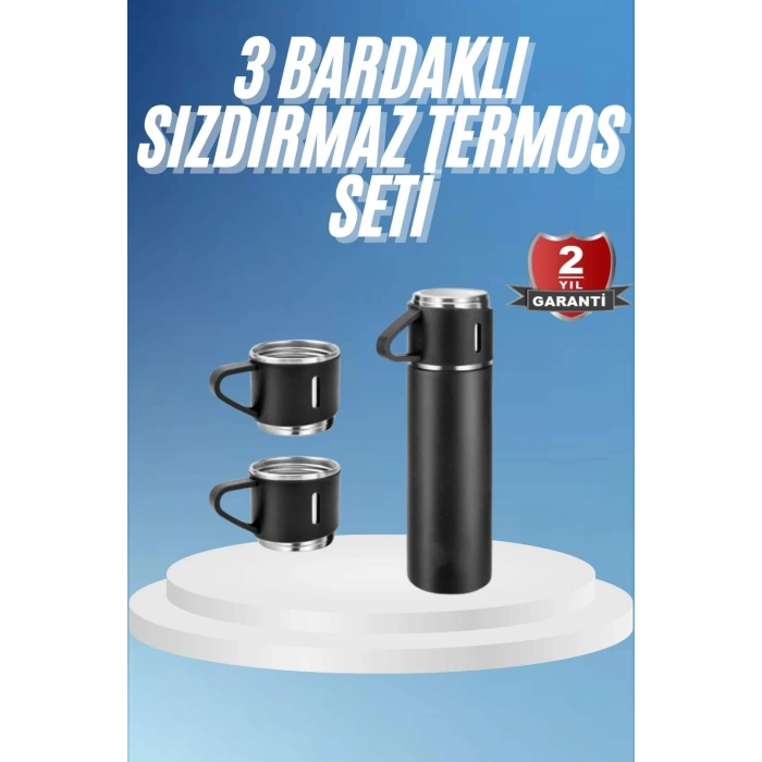Termos Paslanmaz Çelik Termos Siyah Renk 3 Bardaklı Termos Seti