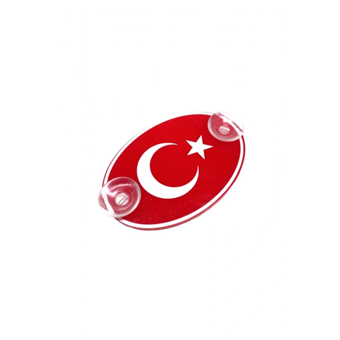 Türkiye Bayraklı Kırmızı Oval Vantuzlu Pleksi Cam Süsü Beyaz 13x8cm