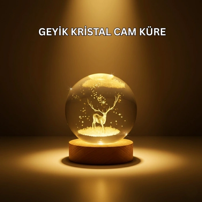 Usb Bağlantılı Geyik Temalı Kristal Küre Premium Masa Gece Lambası