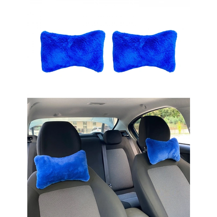 Yumuşak Peluş Ortopedik Araba Seyahat Boyun Yastığı 2li Mavi