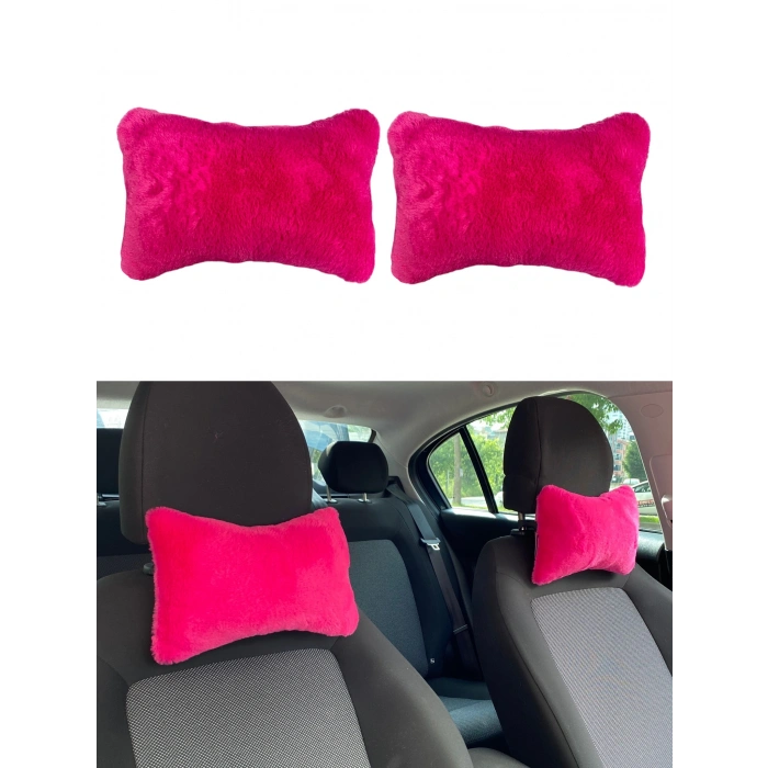 Yumuşak Peluşlu Ortopedik Araba Seyahat Boyun Yastığı 2li Fuşya Pembe