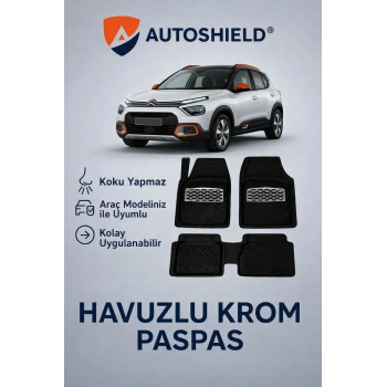 Citroen e-C3 Serisi Tüm Modeller İle Uyumlu Universal Derin Havuzlu Paspas Krom Karbon