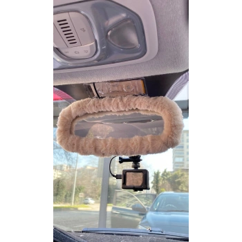 Peluş Dikiz Ayna Kılıfı Süs Bej