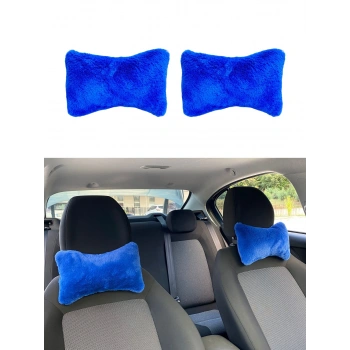 Yumuşak Peluş Ortopedik Araba Seyahat Boyun Yastığı 2li Mavi