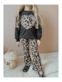 Kız çocuk leopar kalpli İspanyol pantalonlu iki iplik mevsimlik şık takım