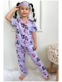 Kız çocuk düğmeli kısa kollu Kuromi pijama takımı göz bandı dahil