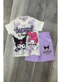 Kuromi Baskılı Beyaz Tişört ve Lila Renkli Şortlu Kız Çocuk Takım