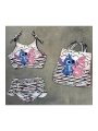 Kız çocuk stitch baskılı dalgıç kumaş üç parça çantalı mayo bikini takımı yazlık tatil