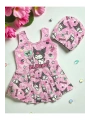 Kız Çocuk Pembe Renk Kuromi Desenli Etekli Pileli Sık Dokuma Hızlı Kuruyan Esnek Boneli Mayo