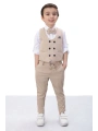 Bej Düğmeli Yelekli Papyonlu Gömlekli Erkek Çocuk 4lü Takım Elbise 20545