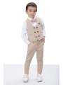 Bej Düğmeli Yelekli Papyonlu Gömlekli Erkek Çocuk 4lü Takım Elbise 20545