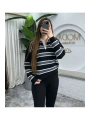 KADIN ÇİZGİLİ POLO YAKA TRİKO SWEATSHIRT