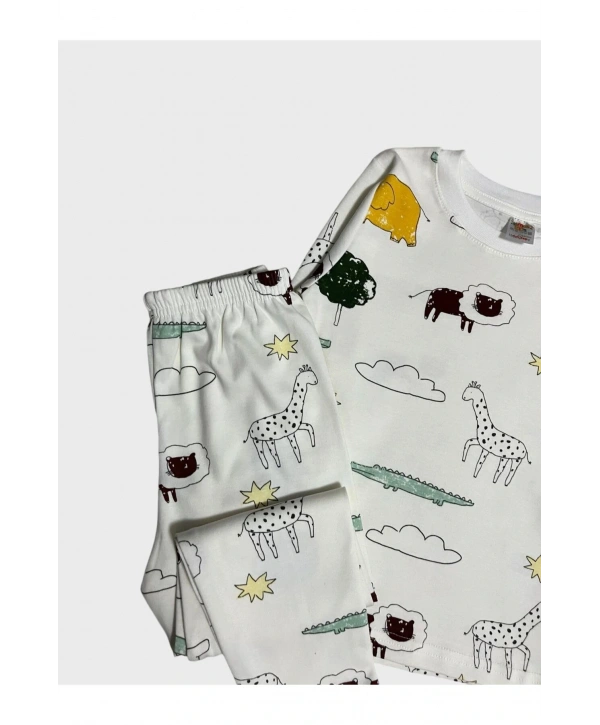 Erkek Çocuk %100 Pamuklu Safari Desenli Beyaz Uzun Kollu Pijama Takımı