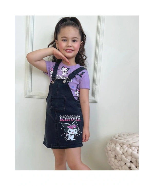 Kız Çocuk Kuromi Baskılı Thsort Denim Jile Salopet Takım