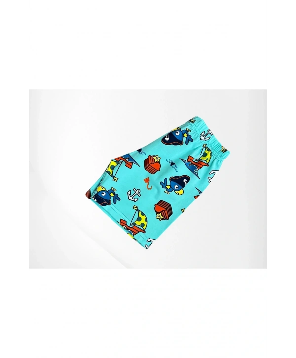 Erkek Çocuk %100 Pamuklu Papağan Yelkenli Gemi Desenli Mavi Kısa Kollu Şortlu Yazlık Pijama Takımı