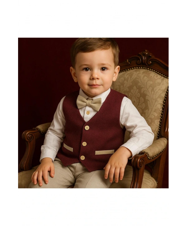 Erkek Bebek&Çocuk Yelekli Takım Elbise / Papyon-Yelek-Gömlek-Pantolon 4Parça |