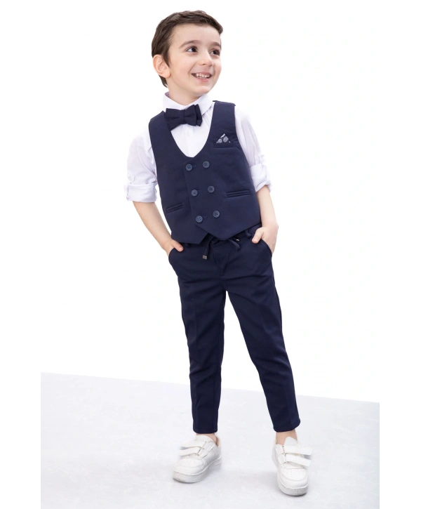 Lacivert Düğmeli Yelekli Papyonlu Gömlekli Erkek Çocuk 4lü Takım Elbise 20543
