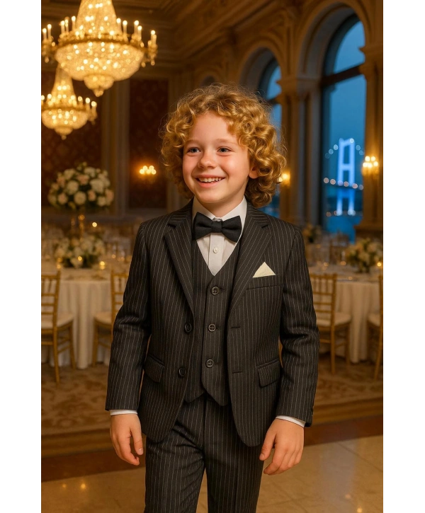 Erkek Çocuk Ceket Gömlek Yelek Pantolon 4Lü Papyonlu Çizgili Takım Elbise