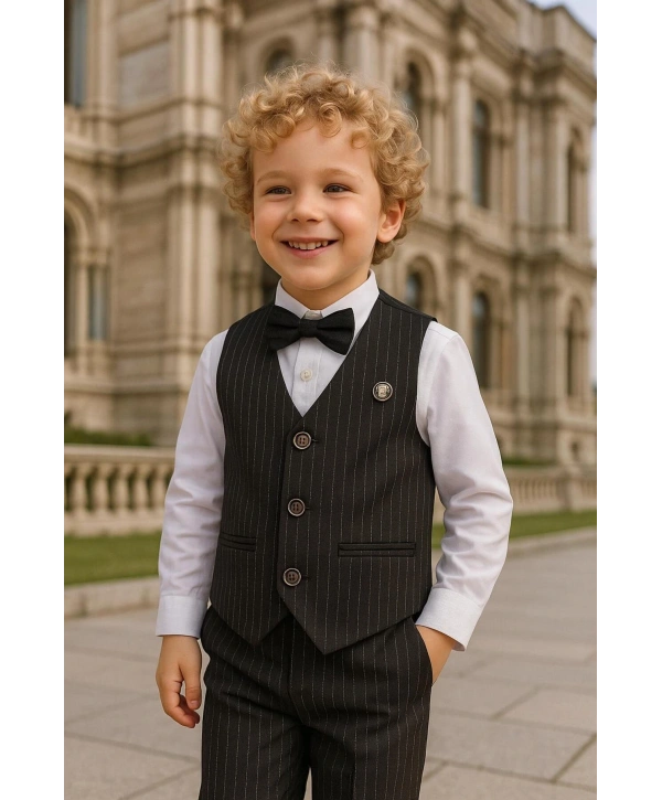 Erkek Çocuk Yelekli Takım Elbise | Gömlek-Yelek-Papyon-Pantolon| 4parça Takım