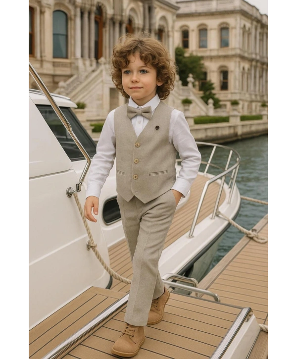 Erkek Çocuk Yelekli Takım Elbise | Gömlek-Yelek-Papyon-Pantolon| 4parça Takım