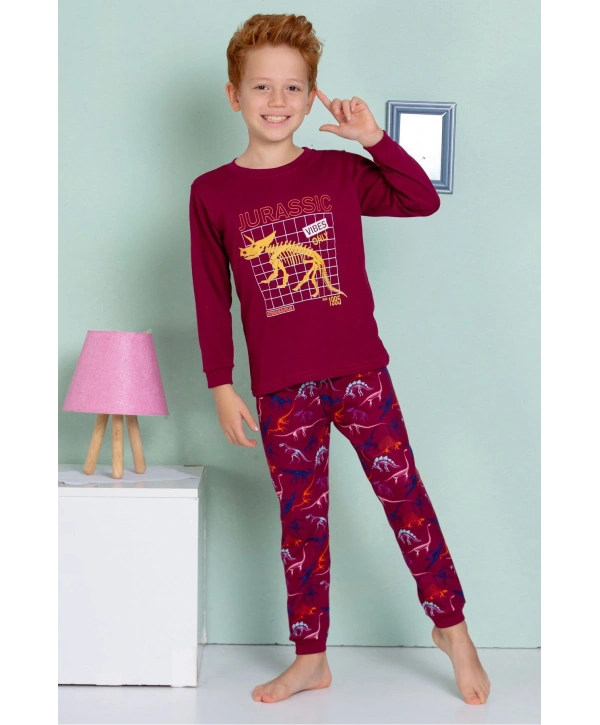 Elmas Kids Erkek Çocuk Timsah Desenli Bordo Rengi Desenli Pijama Takımı