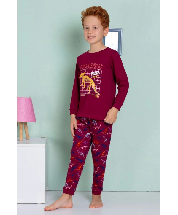 Elmas Kids Erkek Çocuk Timsah Desenli Bordo Rengi Desenli Pijama Takımı