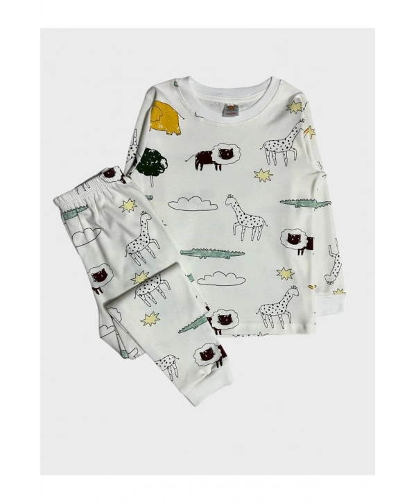 Erkek Çocuk %100 Pamuklu Safari Desenli Beyaz Uzun Kollu Pijama Takımı