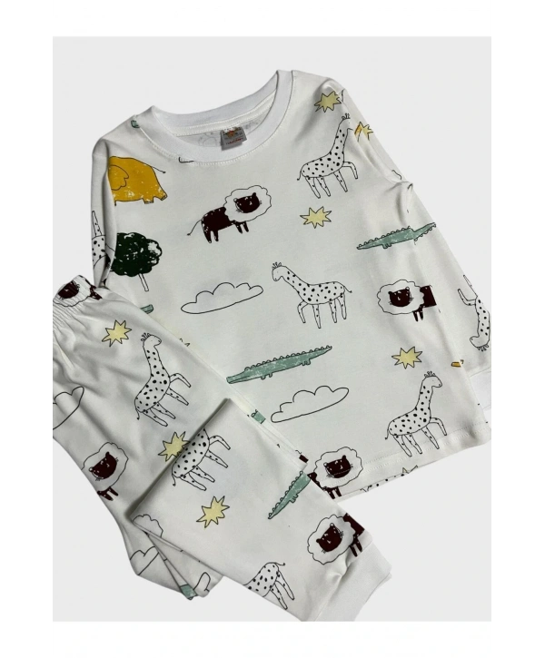 Erkek Çocuk %100 Pamuklu Safari Desenli Beyaz Uzun Kollu Pijama Takımı