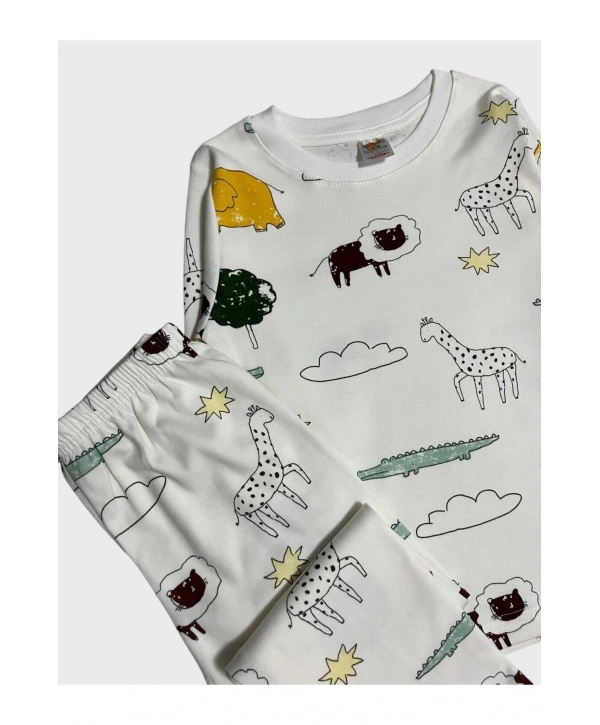 Erkek Çocuk %100 Pamuklu Safari Desenli Beyaz Uzun Kollu Pijama Takımı