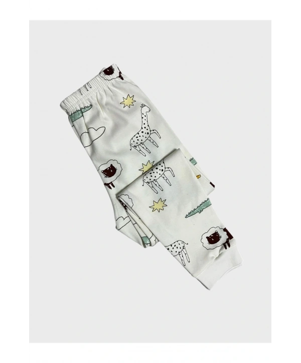 Erkek Çocuk %100 Pamuklu Safari Desenli Beyaz Uzun Kollu Pijama Takımı