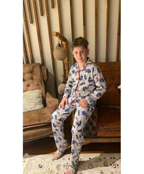 ERKEK ÇOCUK SONİC BASKI DESENLİ GRİ RENGİ PİJAMA ALT ÜST TAKIM