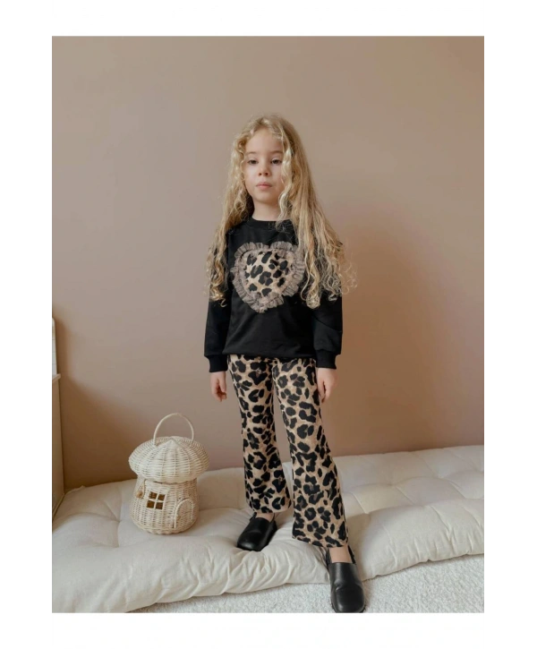 Kız çocuk leopar kalpli İspanyol pantalonlu iki iplik mevsimlik şık takım
