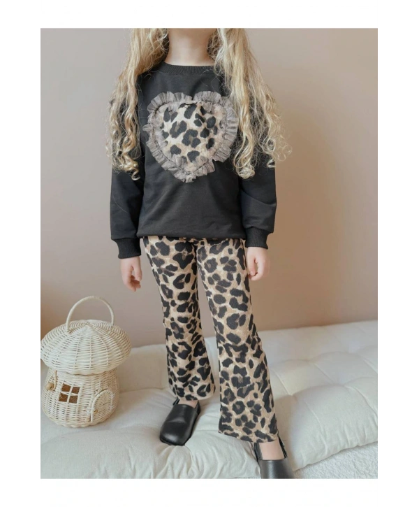 Kız çocuk leopar kalpli İspanyol pantalonlu iki iplik mevsimlik şık takım