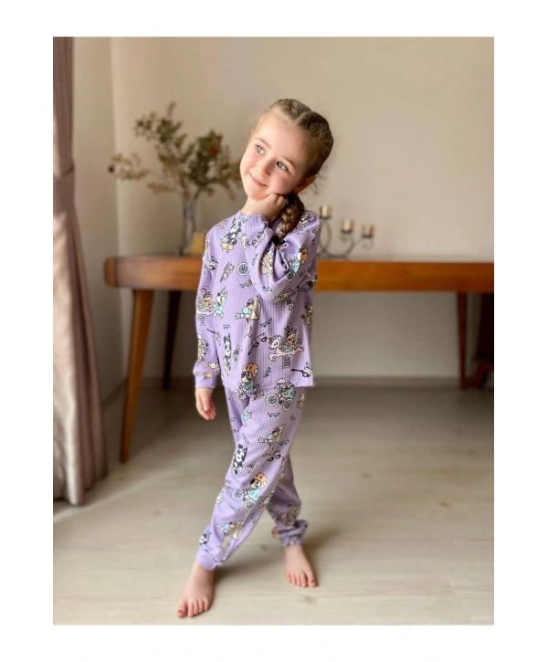 İSOB Lila Bluey Desenli Fitilli Kumaş %100 Pamuk Kız Çocuk Pijama Takımı 3-8 Yaş 31221-L