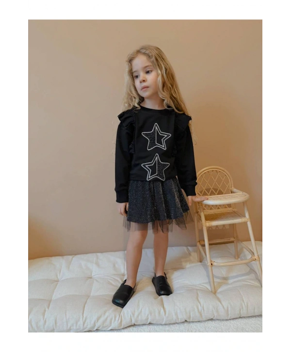 Kız çocuk yıldız detay etek pamuk simli üst likralı iki iplik şık takım