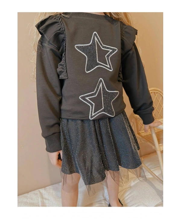 Kız çocuk yıldız detay etek pamuk simli üst likralı iki iplik şık takım