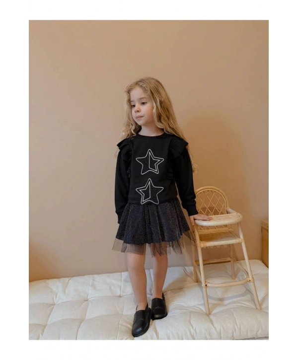 Kız çocuk yıldız detay etek pamuk simli üst likralı iki iplik şık takım