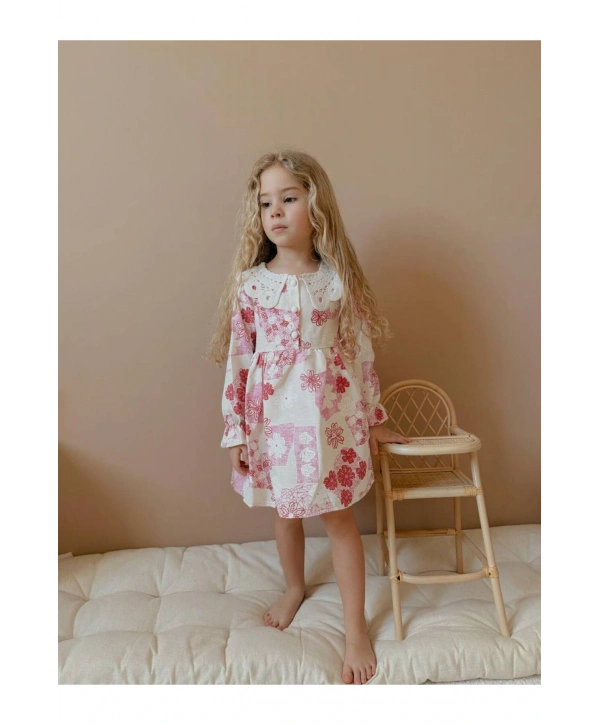 Kız çocuk çiçekli dantel yaka şık elbise