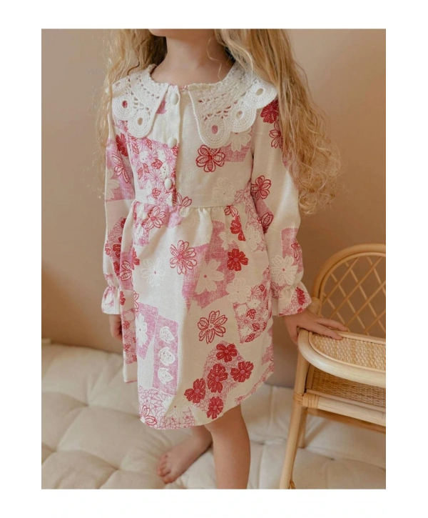 Kız çocuk çiçekli dantel yaka şık elbise