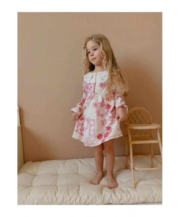Kız çocuk çiçekli dantel yaka şık elbise