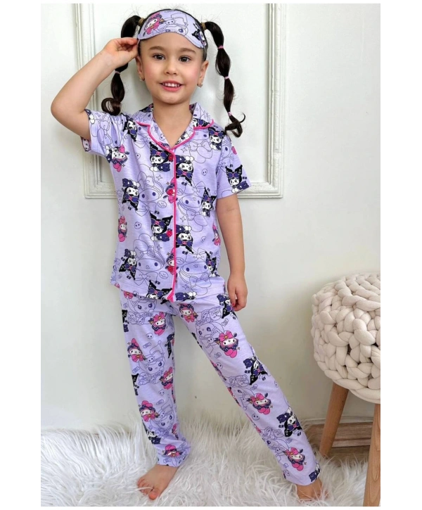 Kız çocuk düğmeli kısa kollu Kuromi pijama takımı göz bandı dahil