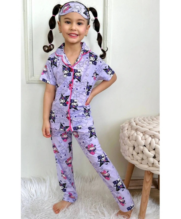 Kız çocuk düğmeli kısa kollu Kuromi pijama takımı göz bandı dahil