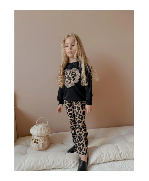 Kız Çocuk Leopar Kalpli Sweat / İspanyol Paça Pantolon Mevsimlik Şık Takım