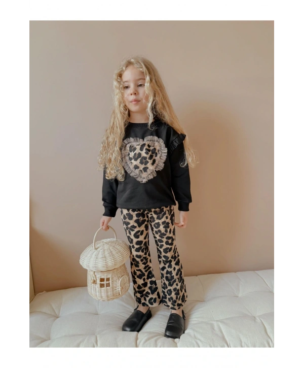 Kız Çocuk Leopar Kalpli Sweat / İspanyol Paça Pantolon Mevsimlik Şık Takım
