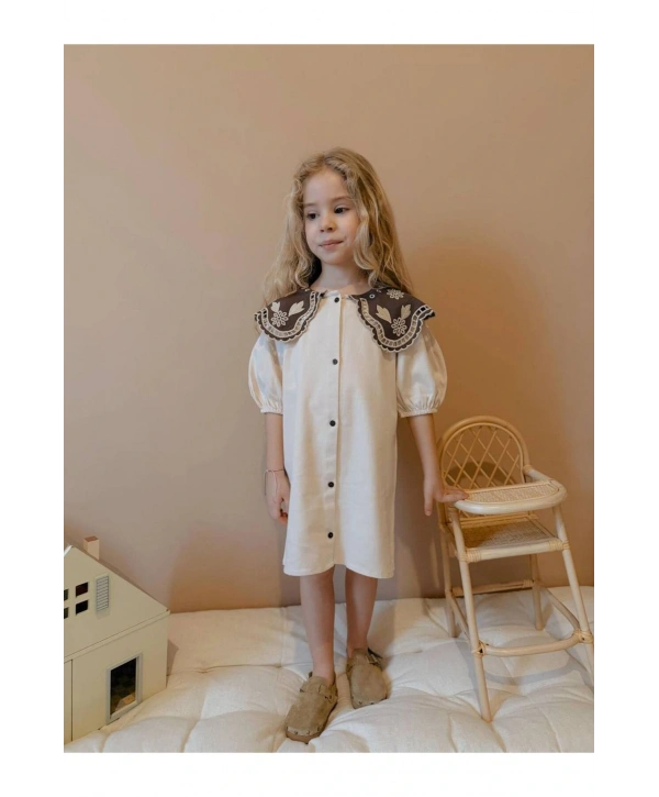 Kız çocuk fisto yaka düğmeli şık gabardin kumaş elbise